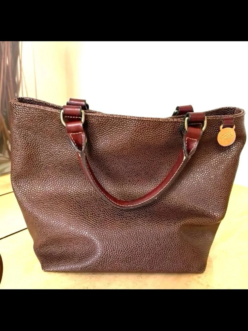 Mulberry Brown Pebbled Leather Tote with Dark Brown Trim